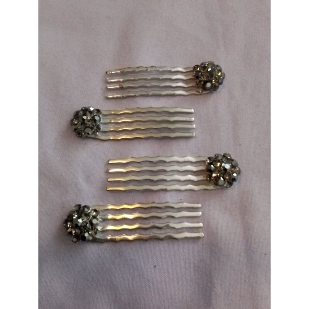 Set Of 4 Vintage Silver Tone Metal Hair Pins Combs With Rhinestone Floral Design
